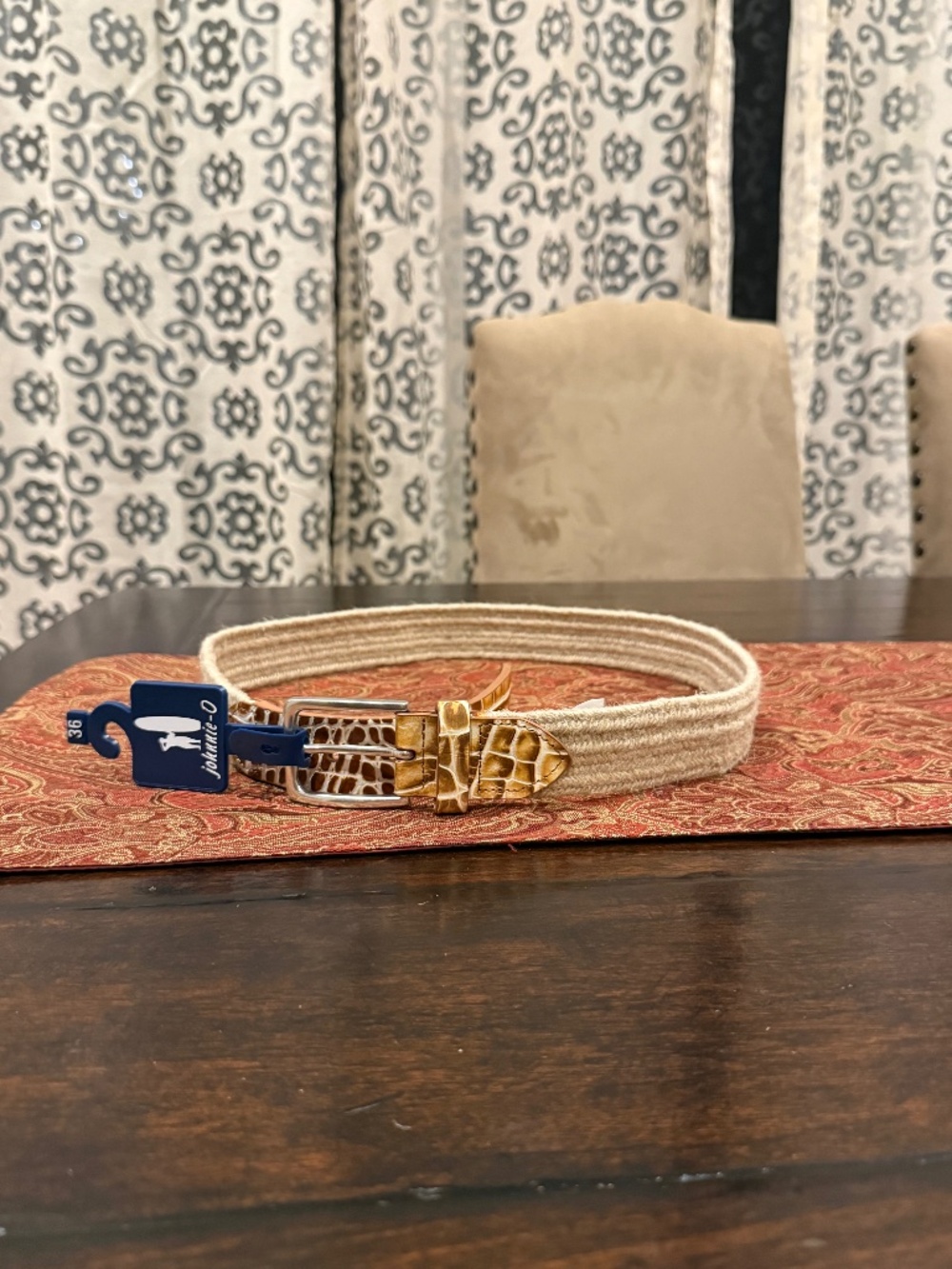 Johnnie-O Men’s Size 36 Tan Braided Crocodile Tip Leather Trim Belt $128